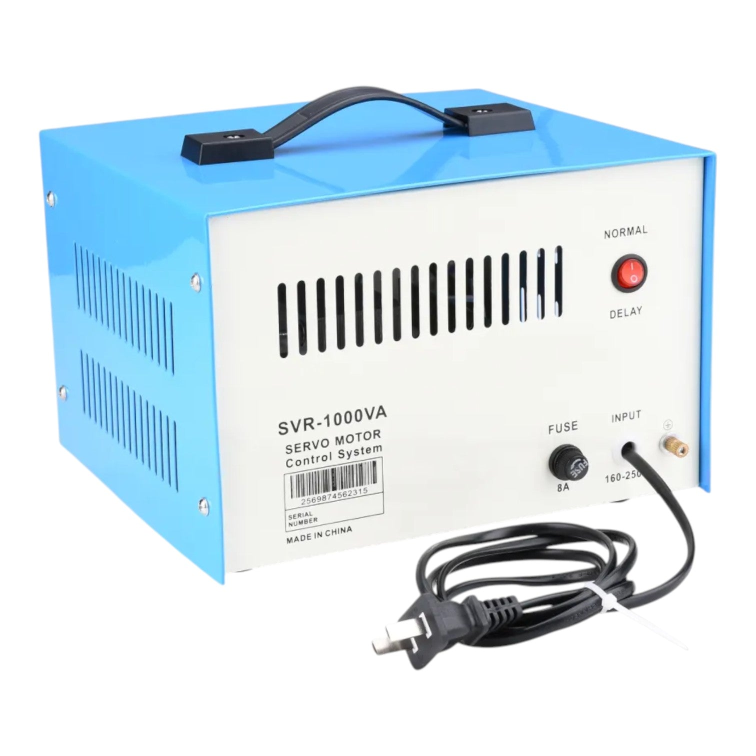 A blue and white SVR-1000VA servo motor control system power supply unit with a black carrying handle and an attached power cord, shown on a plain white background.