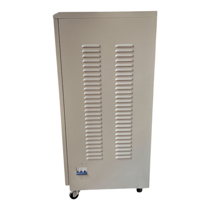 A tall, light gray industrial cabinet or enclosure with two vertical rows of horizontal ventilation slots on the front, mounted on caster wheels, shown against a plain white background.