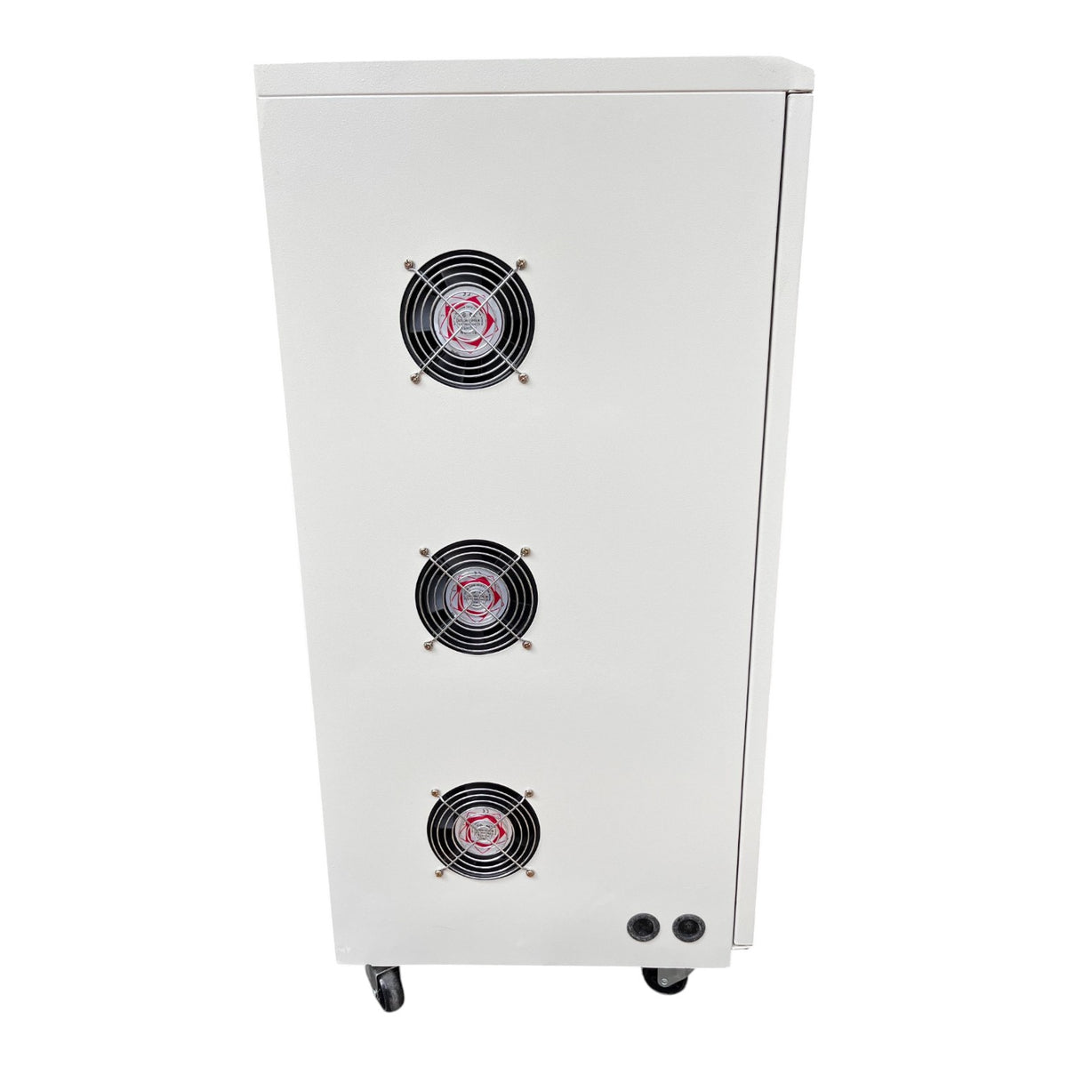 A tall white industrial cabinet on casters, featuring three vertically aligned black cooling fans with red center details on the front panel.