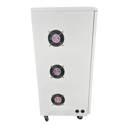 A tall white industrial cabinet on casters, featuring three vertically aligned black cooling fans with red center details on the front panel.