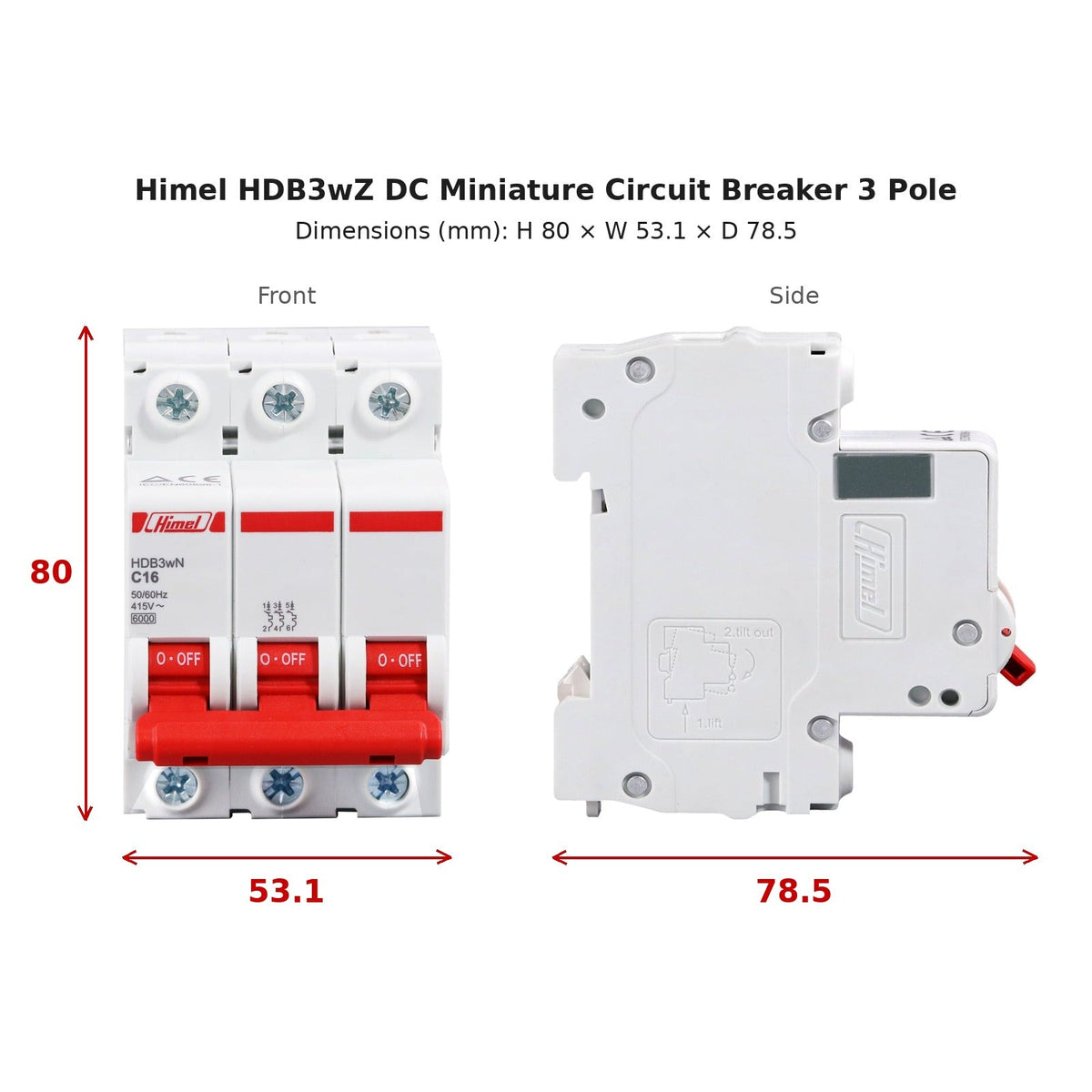 Himel 32A 3 Pole DC Miniature Circuit Breaker 6KAIC 500V DC HDB3WZ3C32 - dimensions H 80 x W 53.1 x D 78.5 mm