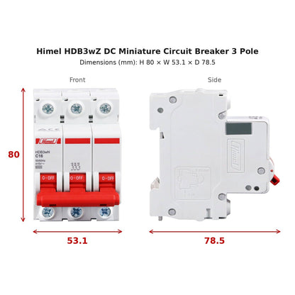Himel 4A 3 Pole DC Miniature Circuit Breaker 6KAIC 500V DC HDB3WZ3C4 - dimensions H 80 x W 53.1 x D 78.5 mm