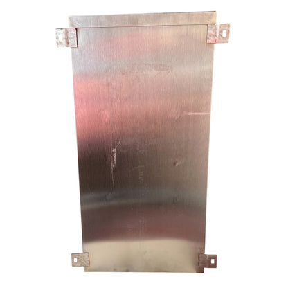 Brushed stainless steel internal mounting plate with four mounting brackets for the Himel 500A MCCB panel housing.