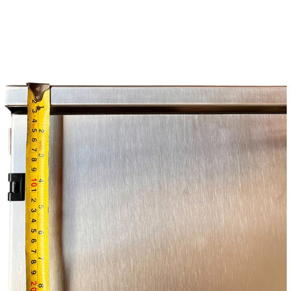 Corner of the NEMA 4X stainless steel panel housing for Himel 630A MCCB with tape measure showing dimensions.