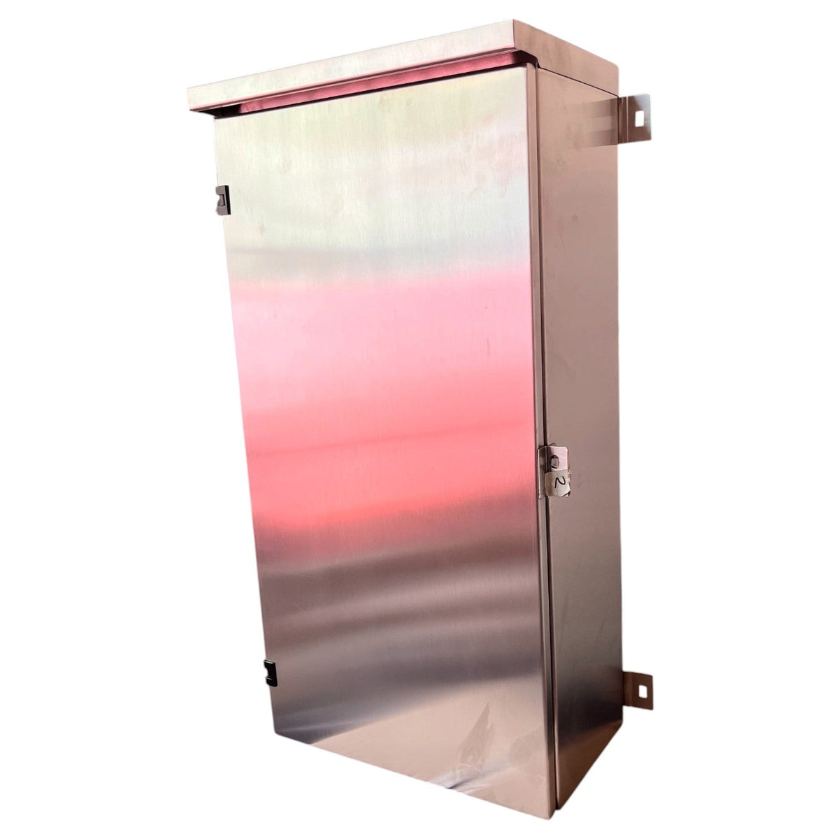 Tall brushed stainless steel NEMA 4X electrical cabinet with hinged door, lock and side mounting brackets.