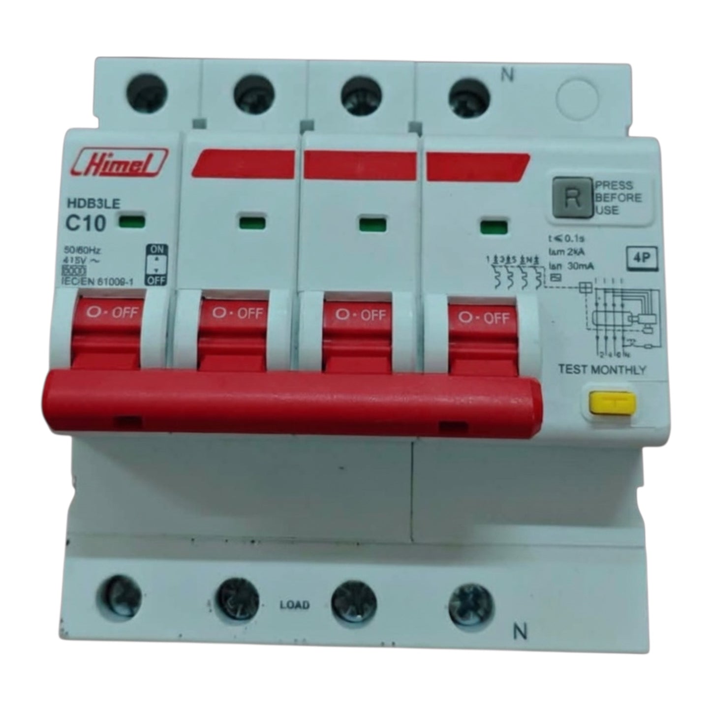 A 4-pole circuit breaker switch by Himel, model HDB3LE C10, featuring a white plastic body with red handles and a red front hold-down bar, photographed against a white background.