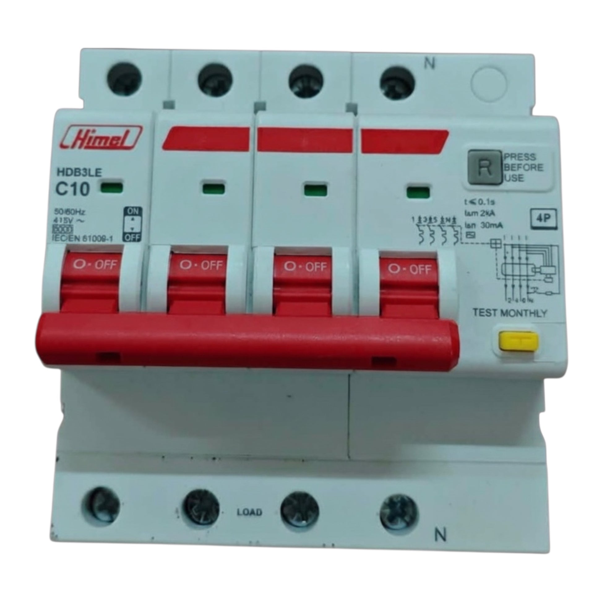 A 4-pole circuit breaker switch by Himel, model HDB3LE C10, featuring a white plastic body with red handles and a red front hold-down bar, photographed against a white background.