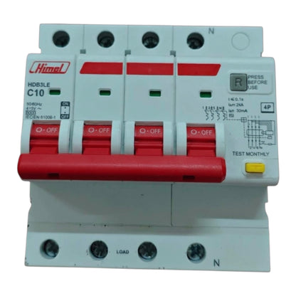 A 4-pole circuit breaker switch by Himel, model HDB3LE C10, featuring a white plastic body with red handles and a red front hold-down bar, photographed against a white background.