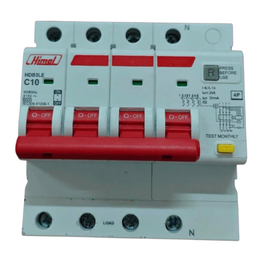 A 4-pole circuit breaker switch by Himel, model HDB3LE C10, featuring a white plastic body with red handles and a red front hold-down bar, photographed against a white background.