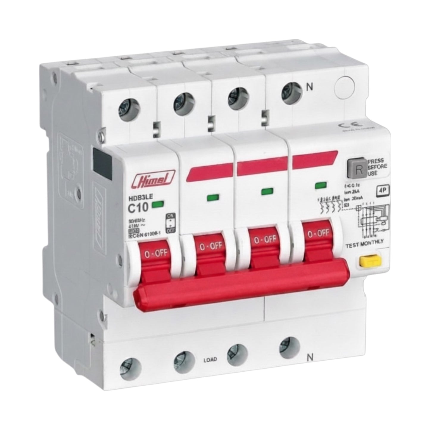 A HImel H08LE C10 modular electrical circuit breaker, featuring a white plastic housing with a prominent red handle and red and green indicator markings, shown on a plain white background.