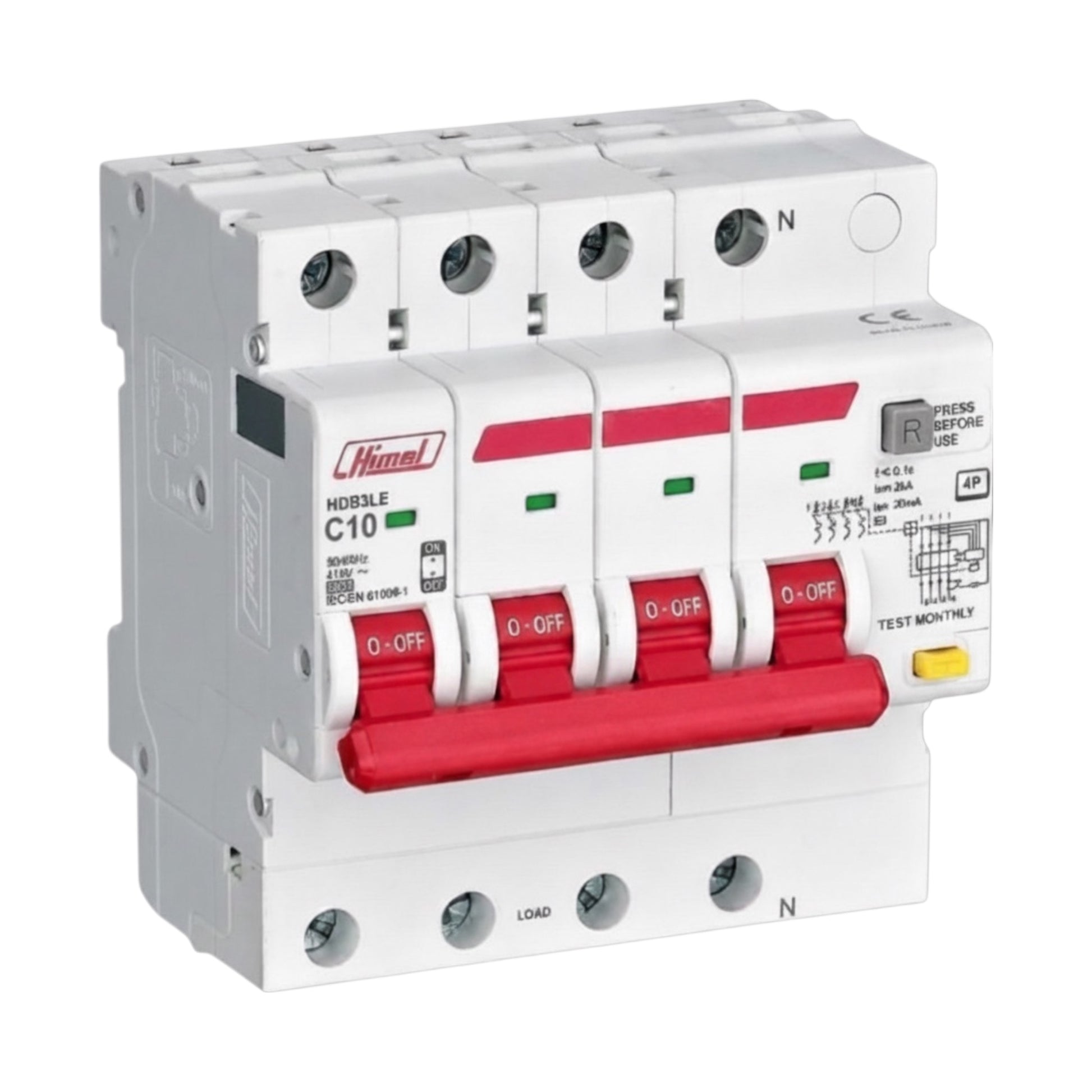 A HImel H08LE C10 modular electrical circuit breaker, featuring a white plastic housing with a prominent red handle and red and green indicator markings, shown on a plain white background.