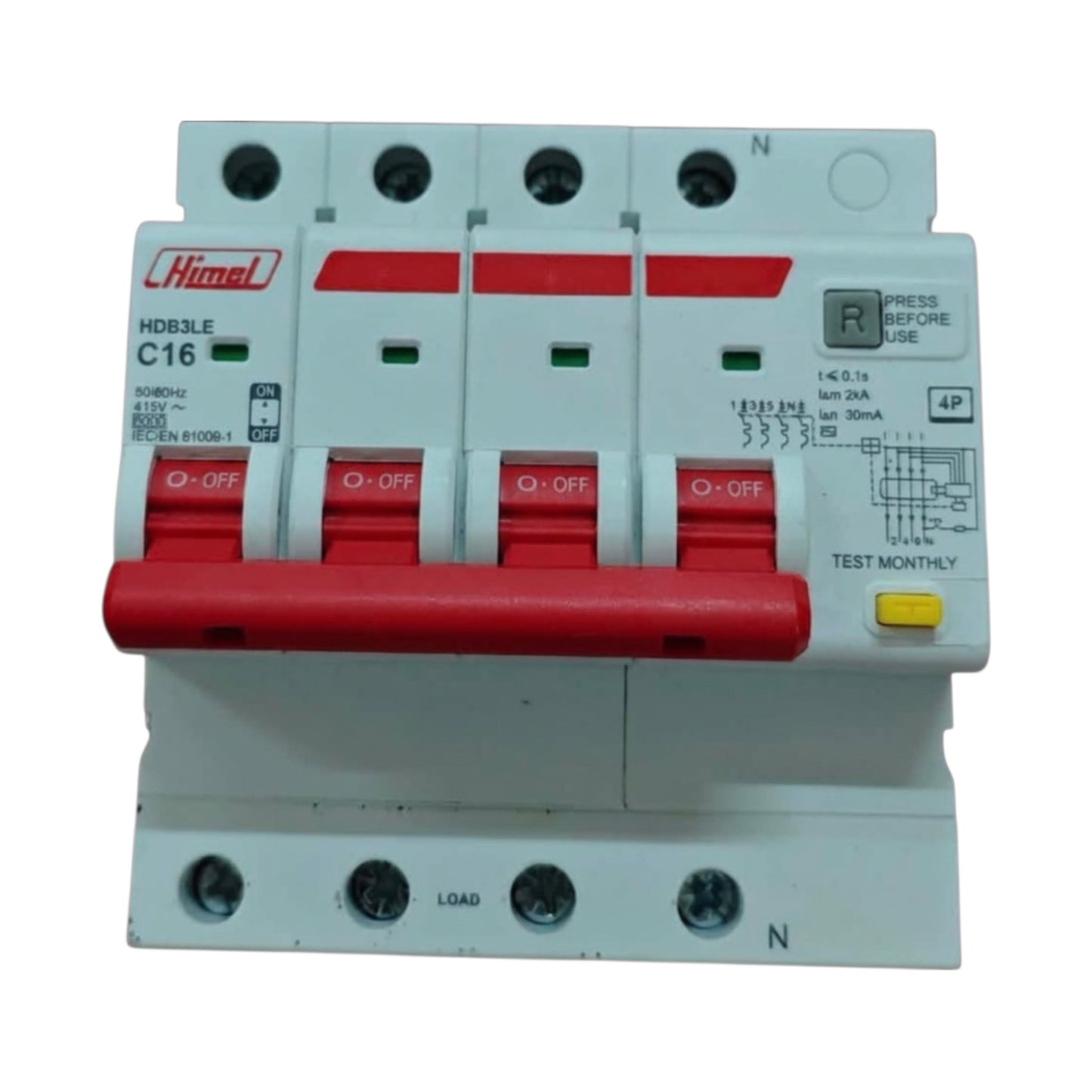 A 4-pole circuit breaker by Himel, model HDB3LE C16, featuring a white plastic housing with red handles and a red front hold-down bar, shown on a plain white background.