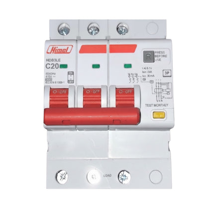 A Himek HD8319E C20 3-pole circuit breaker with red handles and white plastic casing, shown against a plain white background.