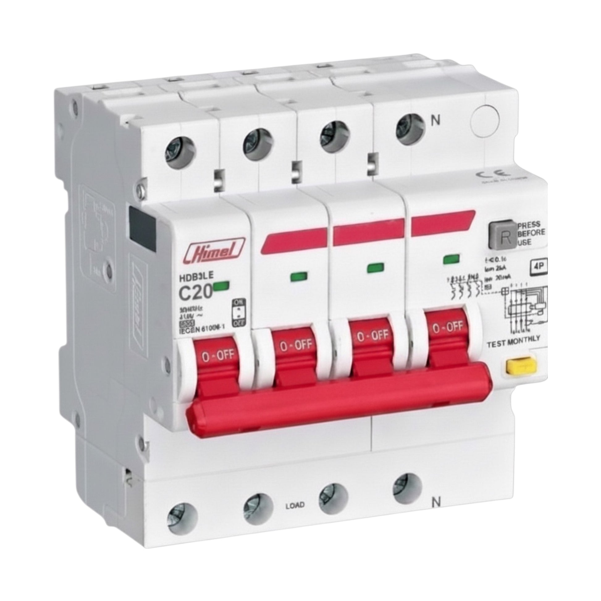 A Hamel H08LE C50 modular electrical circuit breaker, featuring a white plastic housing with a prominent red handle and red and green indicator markings, shown on a plain white background.