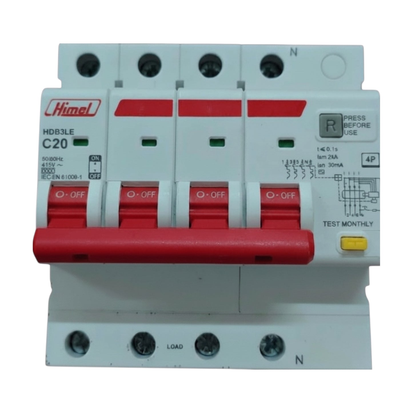 A 4-pole circuit breaker by Himel, model HD65LE C20, featuring a white plastic housing with a prominent red handle and red switch positions, photographed on a white background.