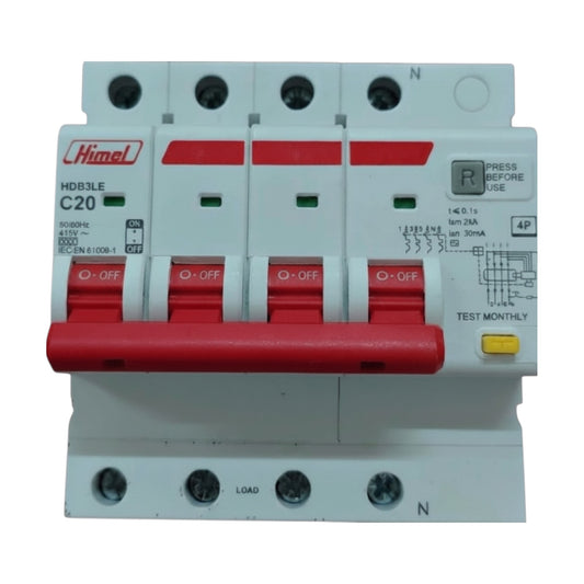 A 4-pole circuit breaker by Himel, model HD65LE C20, featuring a white plastic housing with a prominent red handle and red switch positions, photographed on a white background.