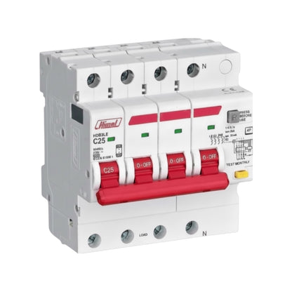 A Hannel HoriSE C25 modular electrical circuit breaker with a white plastic housing, red handle, and red and green markings, shown on a plain white background.