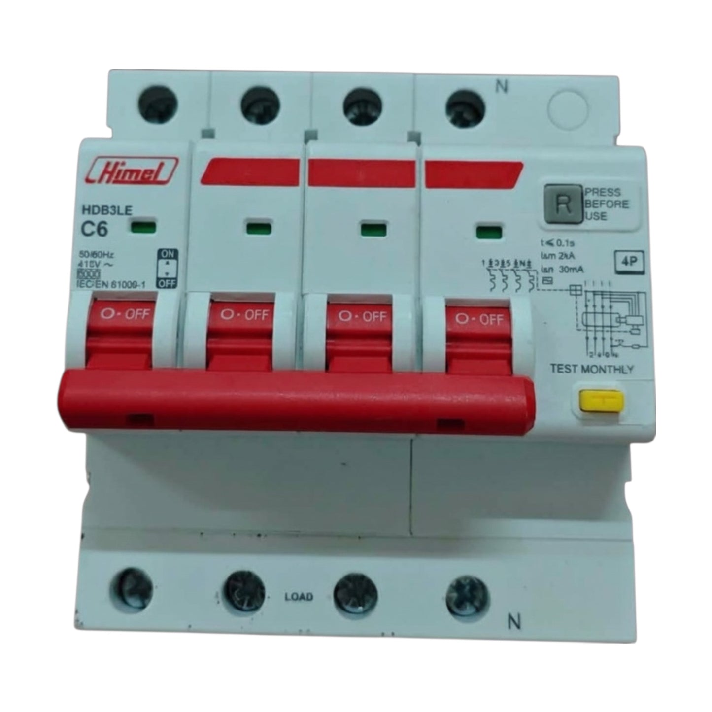 A four-phase circuit breaker from the brand Himek, model HD83LE C6, featuring a white plastic housing with prominent red switches and a red handle, set against a plain white background.