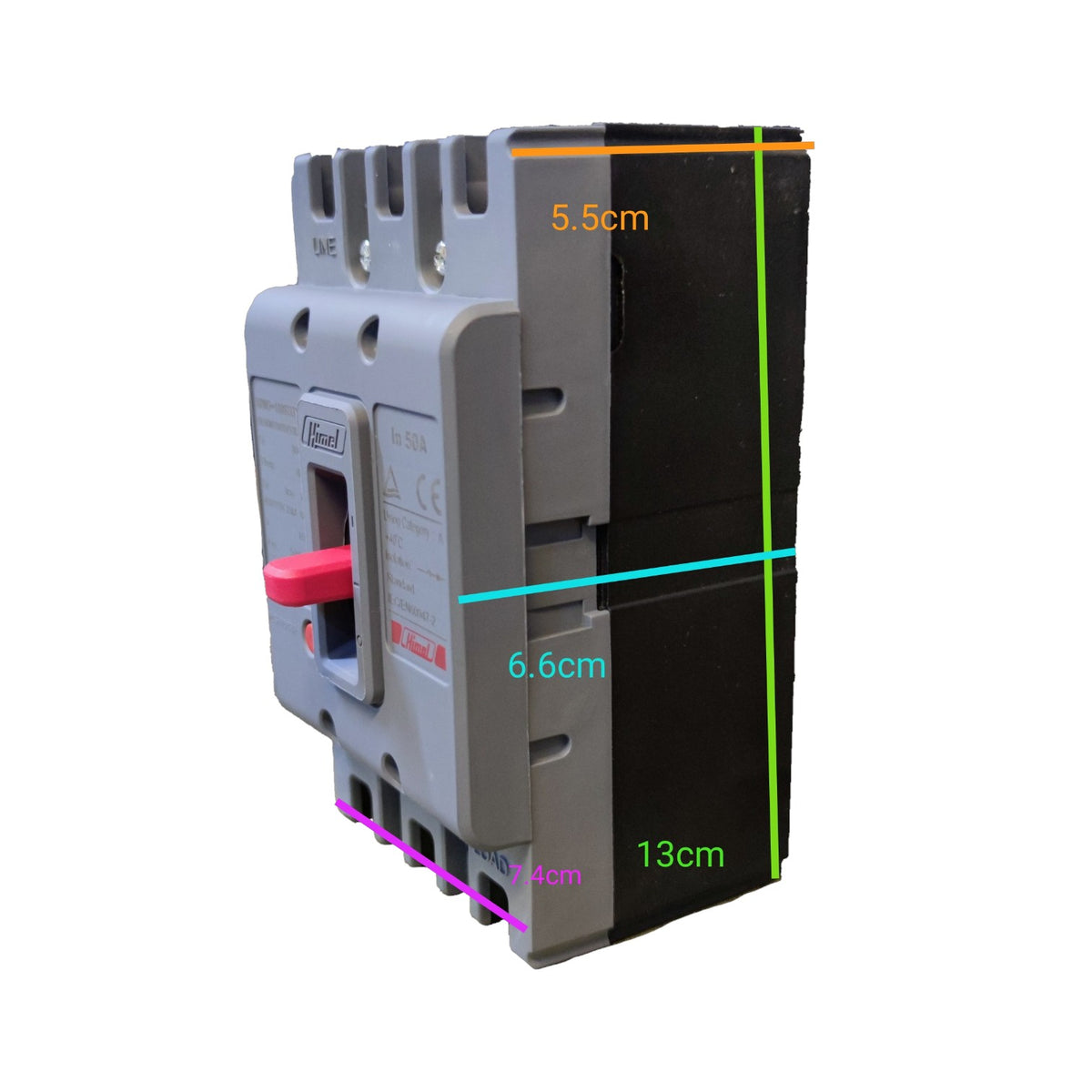 A modular electrical contactor or relay component shown on a plain white background with overlaid dimension lines and text indicating measurements of 5.5cm, 6.