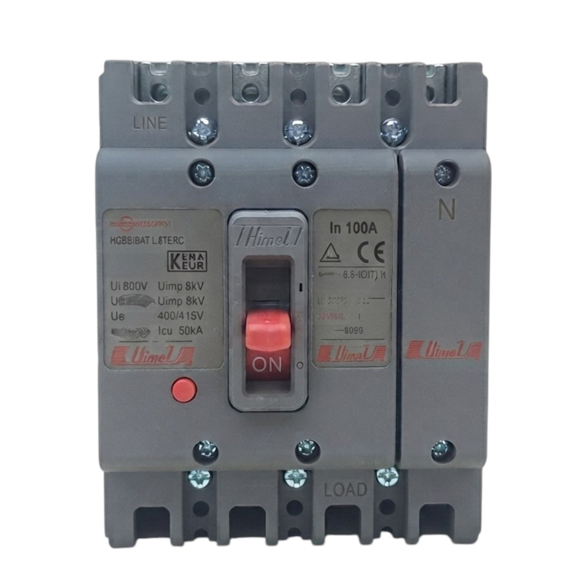 A KEMA KEL industrial circuit breaker with a gray plastic housing, featuring a red ON switch, terminal markings, and technical specifications printed on the front.