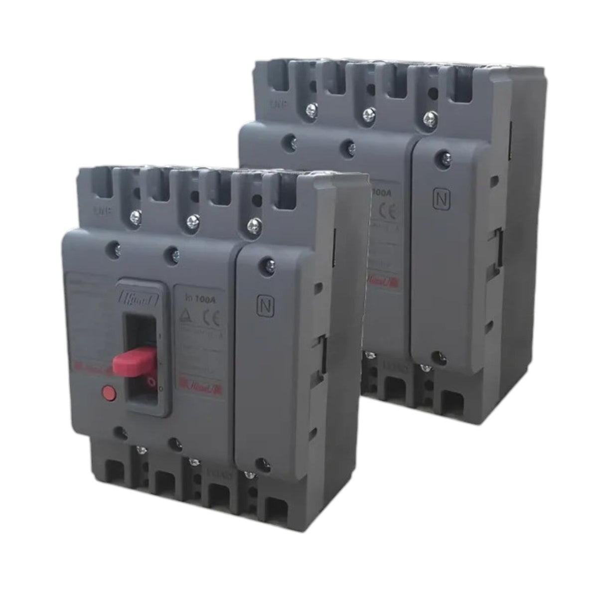 Two gray industrial circuit breakers shown on a plain white background, with one in front and one behind. The front breaker has a red switch handle and printed specifications on its side.