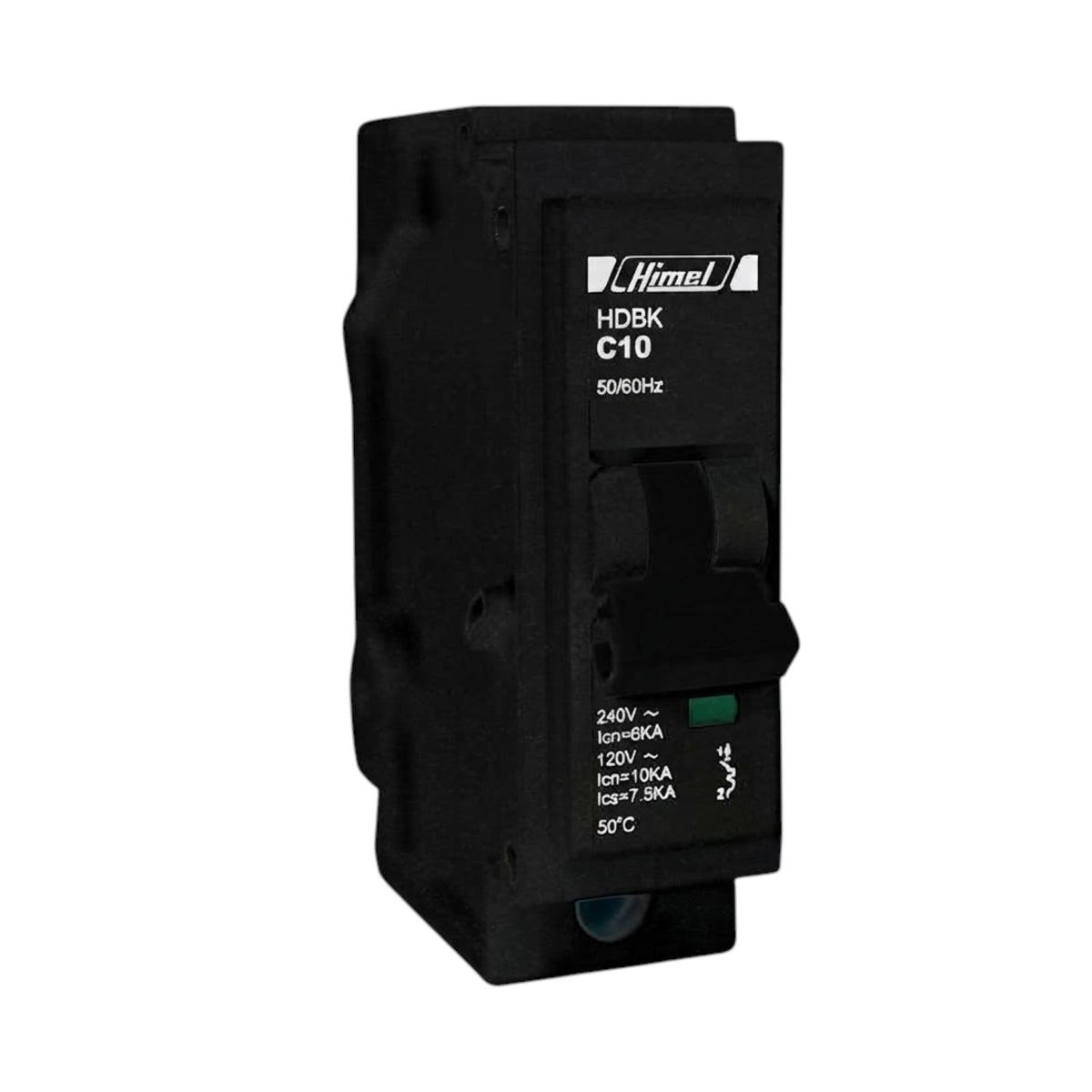 A black HimeL HDBK C10 50/60Hz circuit breaker module, shown at a three-quarter angle on a plain white background.