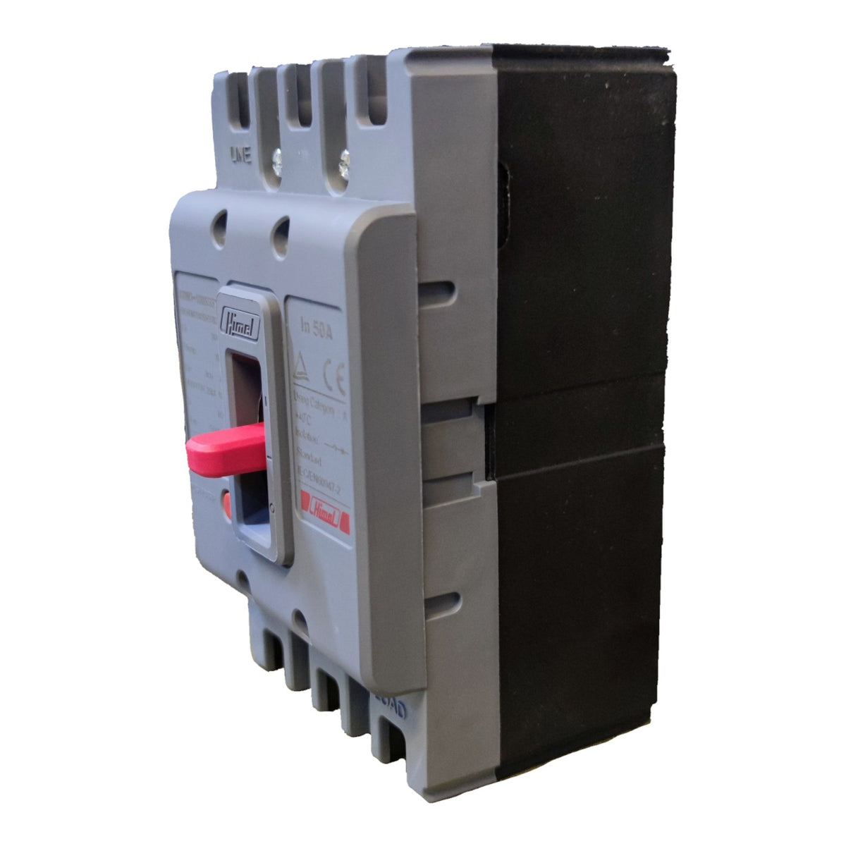 A molded electronic circuit breaker with a gray plastic body, a black terminal housing, and a red handle, shown on a plain white background.