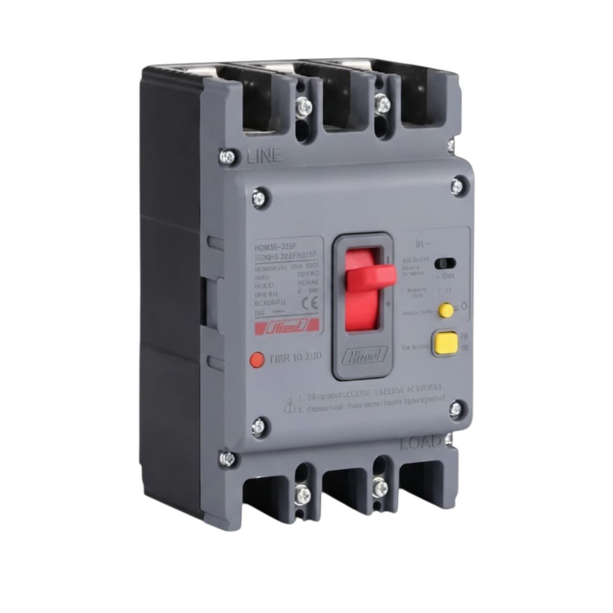 A Trippisense HOMO6-220F 1200L ABBOTRIP circuit breaker, featuring a gray plastic housing with a red main switch handle, a yellow auxiliary contact, and terminal blocks on the top and bottom.