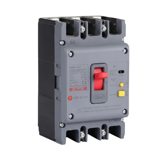 A Trippisense HOMO6-220F 1200L ABBOTRIP circuit breaker, featuring a gray plastic housing with a red main switch handle, a yellow auxiliary contact, and terminal blocks on the top and bottom.