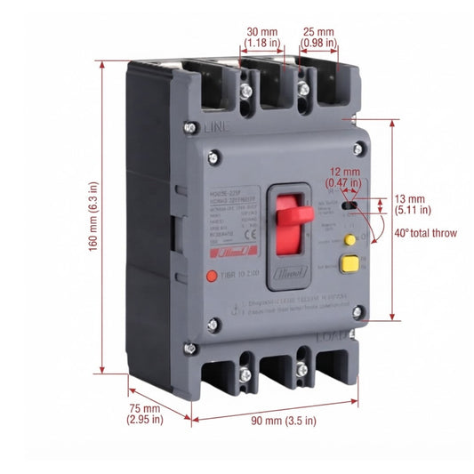 A gray electrical circuit breaker with red and yellow switch components, shown with red dimension lines and measurements on a white background.