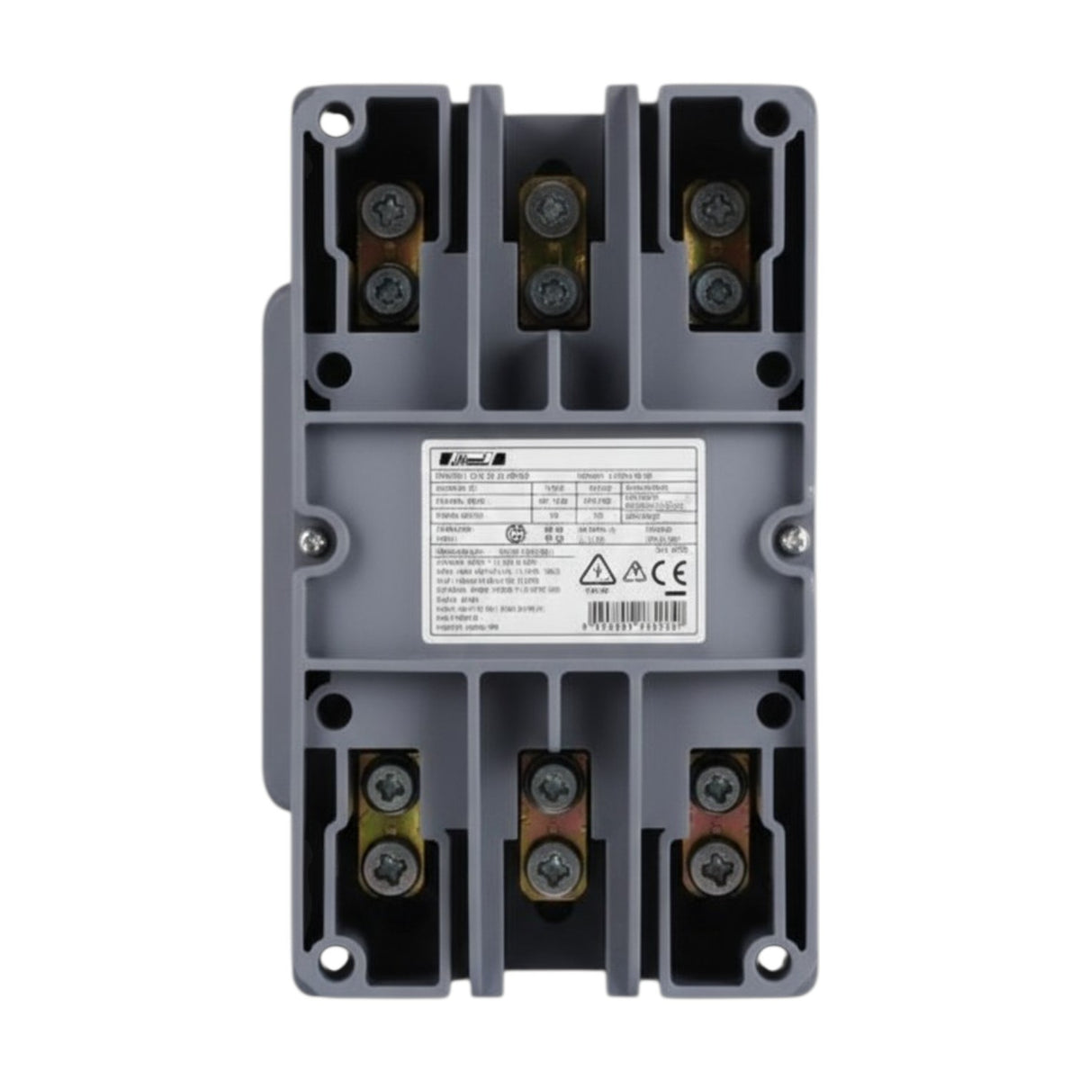 A gray plastic electrical contactor or relay component with multiple terminal screws and a central specification label, shown on a plain white background.