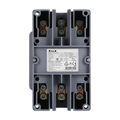 A gray plastic electrical contactor or relay component with multiple terminal screws and a central specification label, shown on a plain white background.
