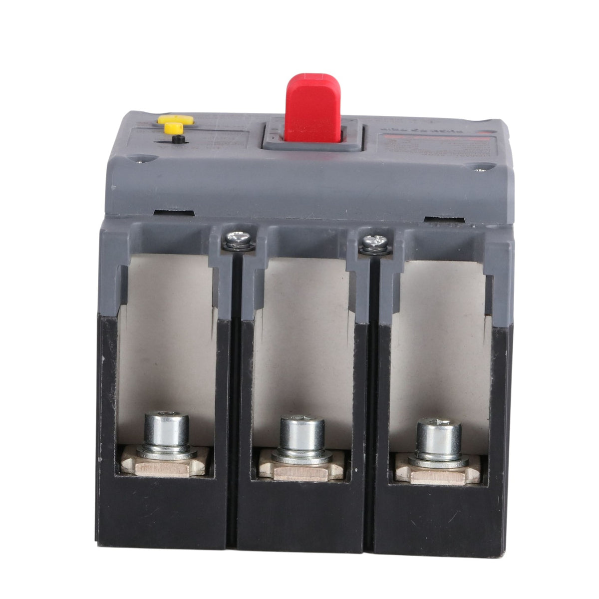 A three-pole electrical circuit breaker with a gray top housing, black lower housing, a red switch handle, and three silver screw terminals.