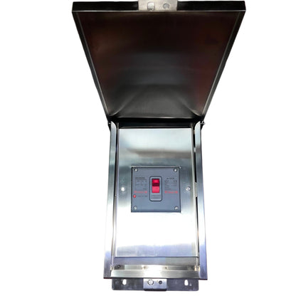 A stainless steel electrical control panel with a hinged cover open upwards, featuring a gray control box with a red switch on the front, isolated on a white background.