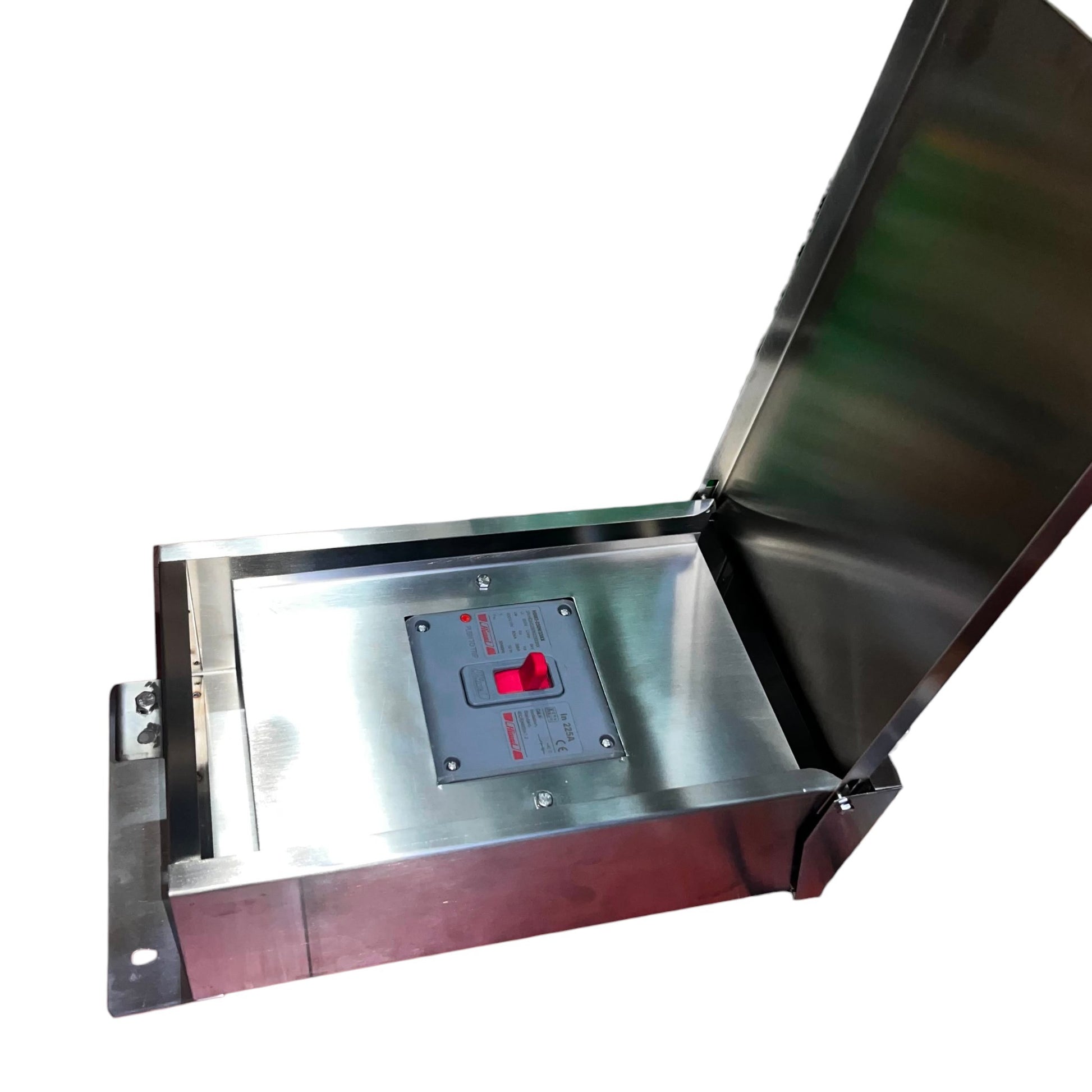 A stainless steel electrical junction box with its lid open, showing a central switch panel with a red switch on a white background.