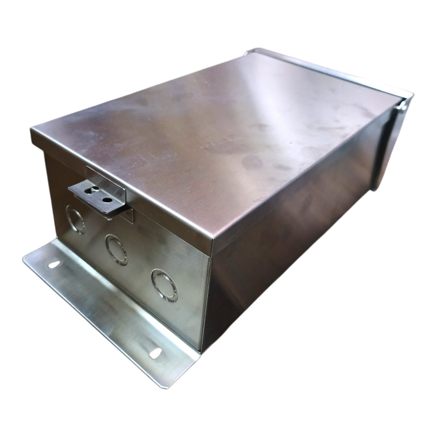A rectangular metal electrical junction box with a brushed stainless steel finish, featuring a mounting bracket on the front and side, and circular cable entry holes on the front panel, isolated on a white background.