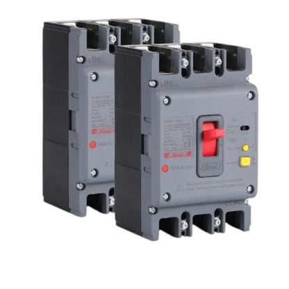 Two gray electrical circuit breakers with a red switch and small yellow button, shown on a plain white background.