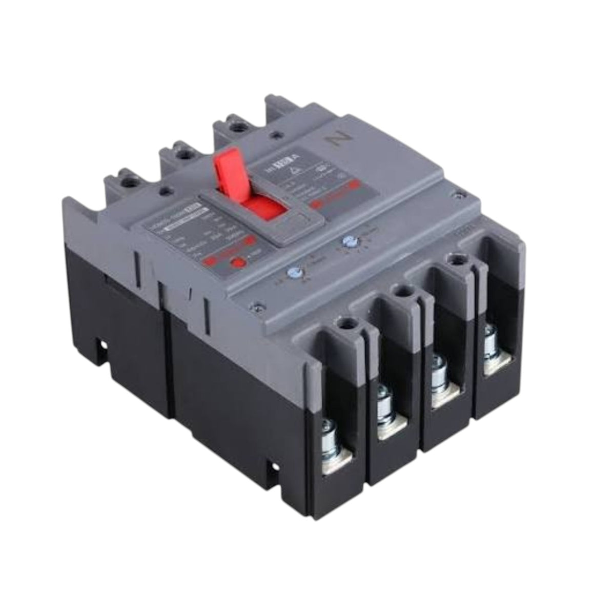 A 4-pole electrical circuit breaker with a gray plastic top housing, black lower base, and a red switch handle, shown on a plain white background.