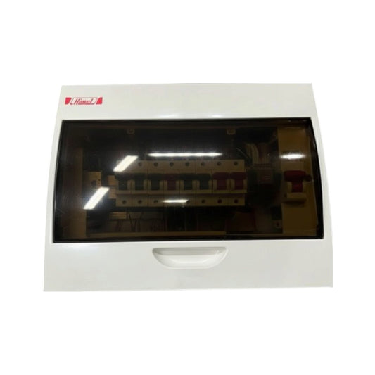 A white electrical distribution board enclosure with a translucent dark brown front cover and a red Hamel logo on the upper left, shown against a plain white background.