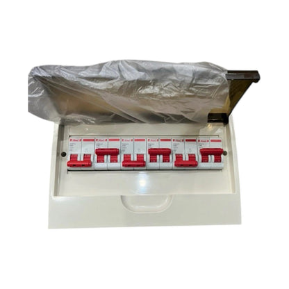 A 6-way modular electrical distribution board with red and white switches, shown open with a protective plastic sheet covering the top panel, on a white background.