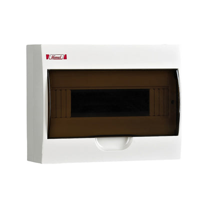 A white electrical distribution board enclosure with a dark brown translucent front cover and a red Hameq logo on the upper left, shown against a plain white background.