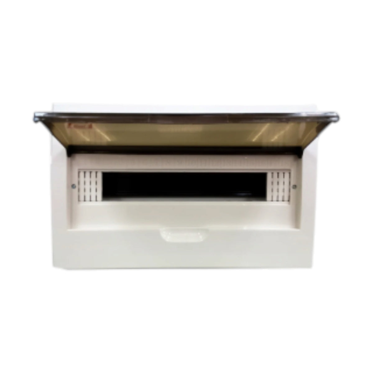 A white plastic outdoor trash bin with a hinged transparent lid, shown open against a plain white background.