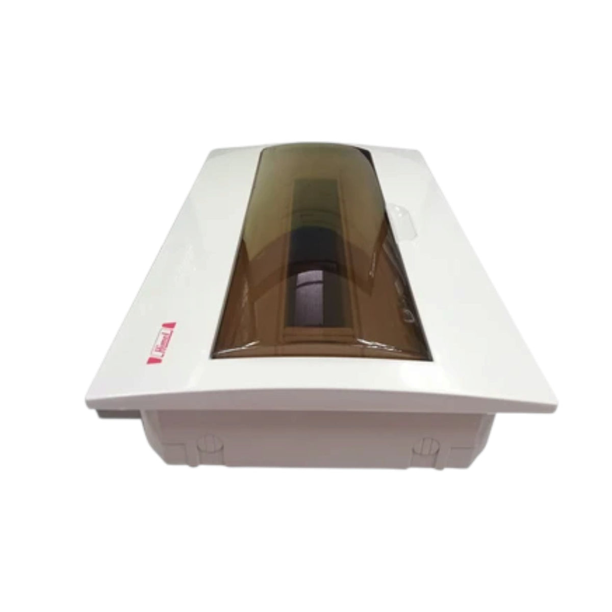 A white electrical distribution board cover with a translucent brown smoke-tinted top cover, shown from a top-down perspective on a white background.