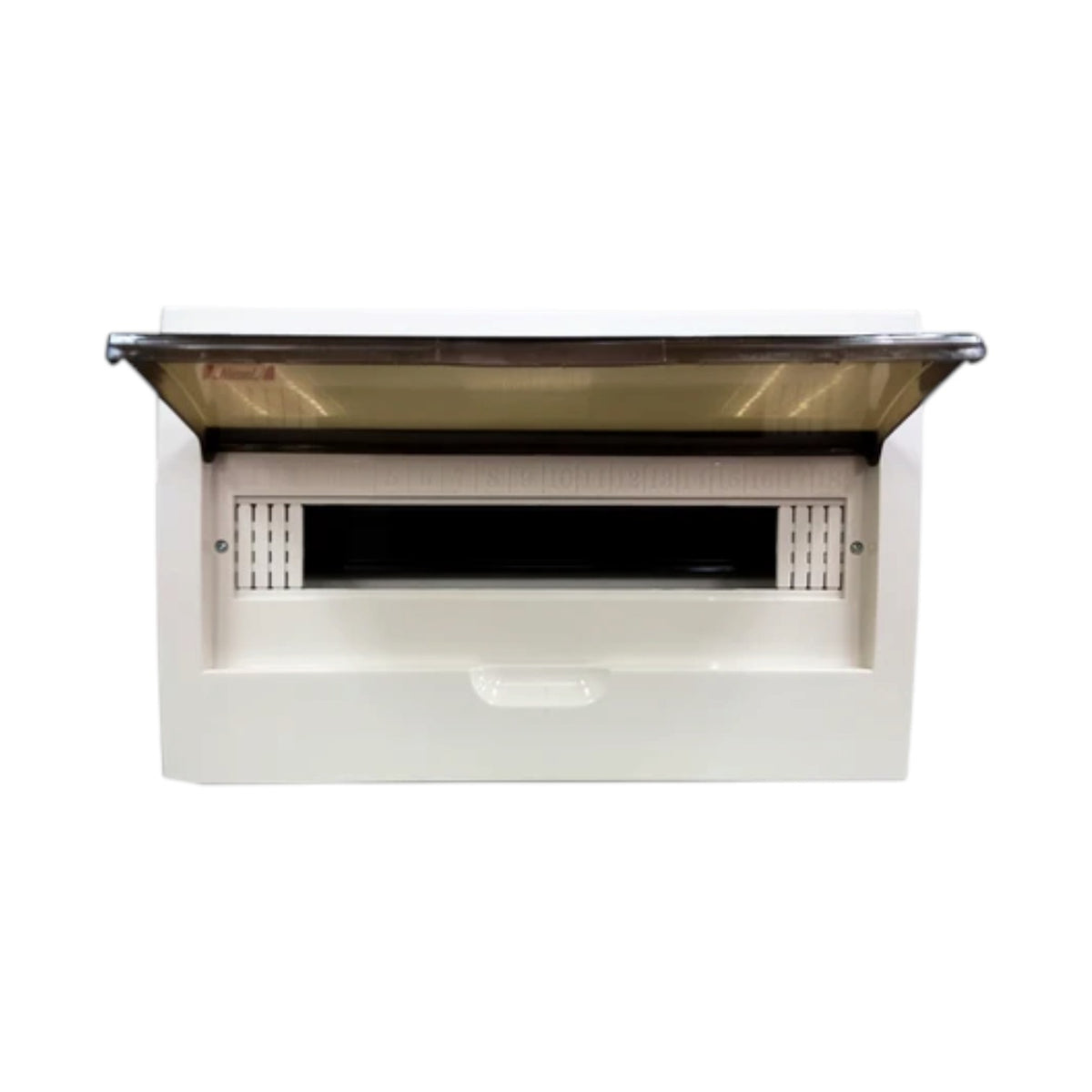 A white plastic outdoor trash bin with a hinged translucent brown lid, shown with the lid open against a plain white background.