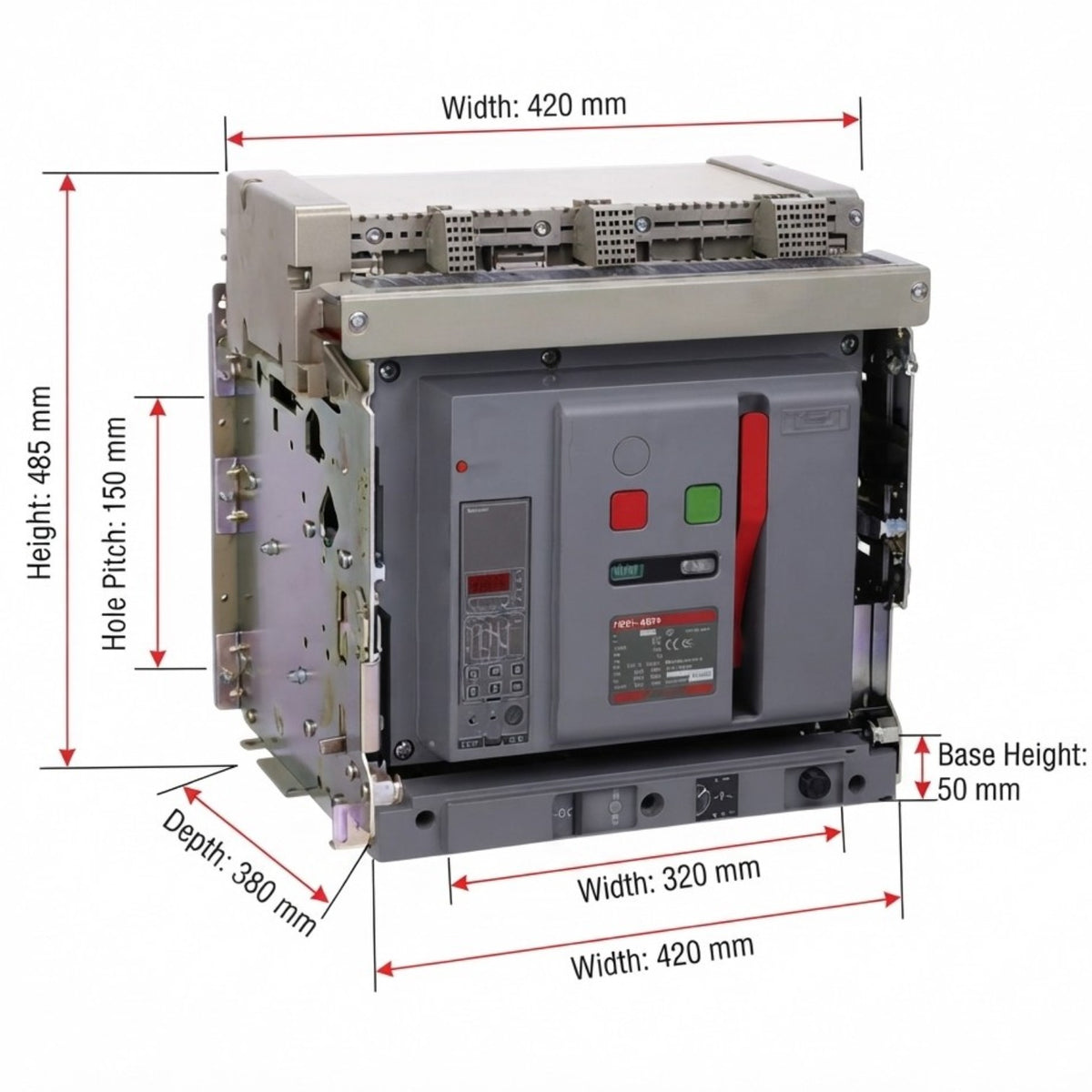 A gray electrical switch or fuse assembly shown on a white background with multiple red dimension arrows and labels indicating width, height, depth, and base height measurements.