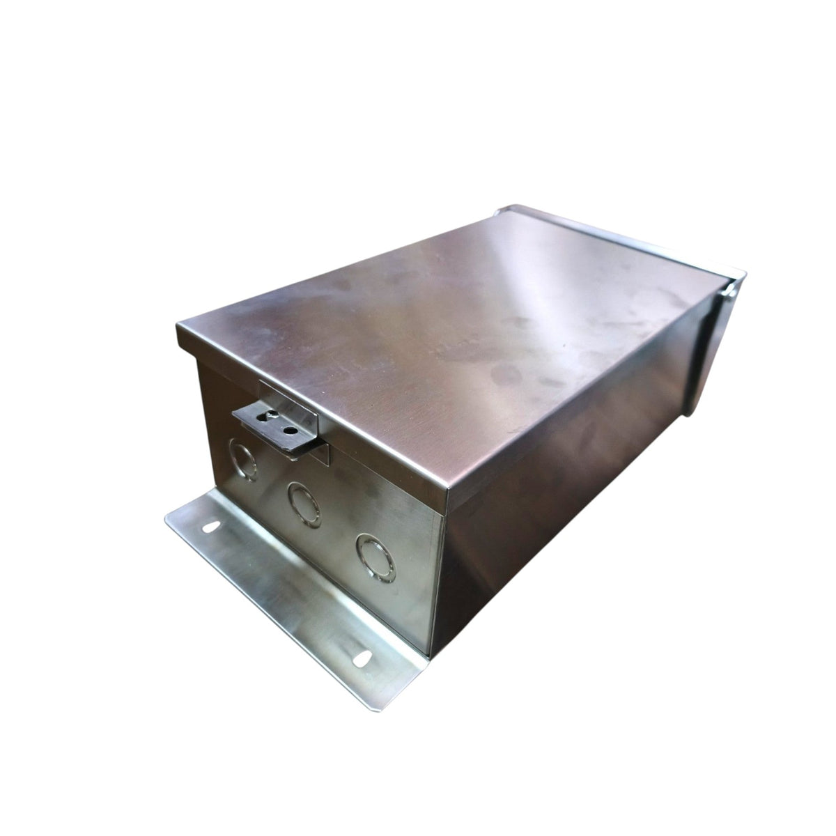 A rectangular metal electrical junction box with mounting brackets on two ends, featuring circular terminal holes on one side, shown on a plain white background.