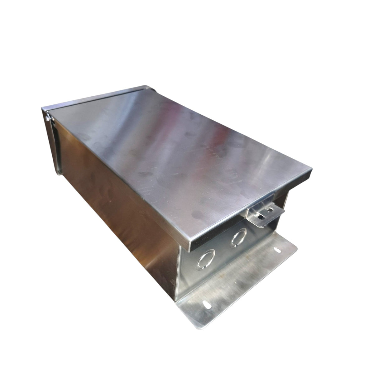 A rectangular stainless steel electrical junction box with mounting brackets and two circular conduit entries, shown on a plain white background.