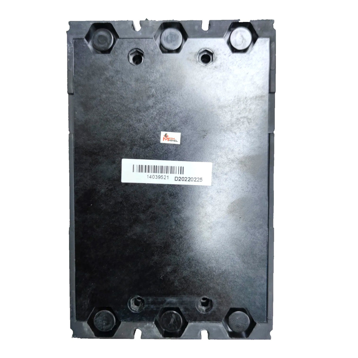 A black plastic industrial component or housing part with pre-drilled holes and a white barcode label on the front, shown against a plain white background.
