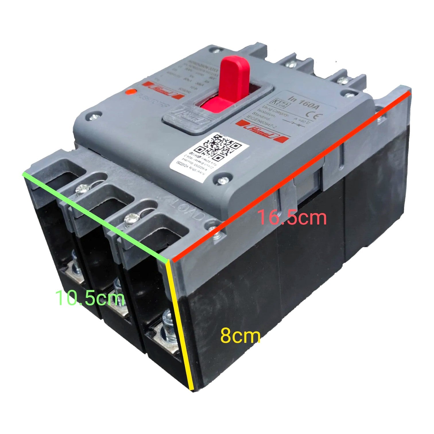 A gray and black electrical circuit breaker with a red top switch, shown on a white background with overlaid dimension lines and text indicating 16.5 cm, 10.