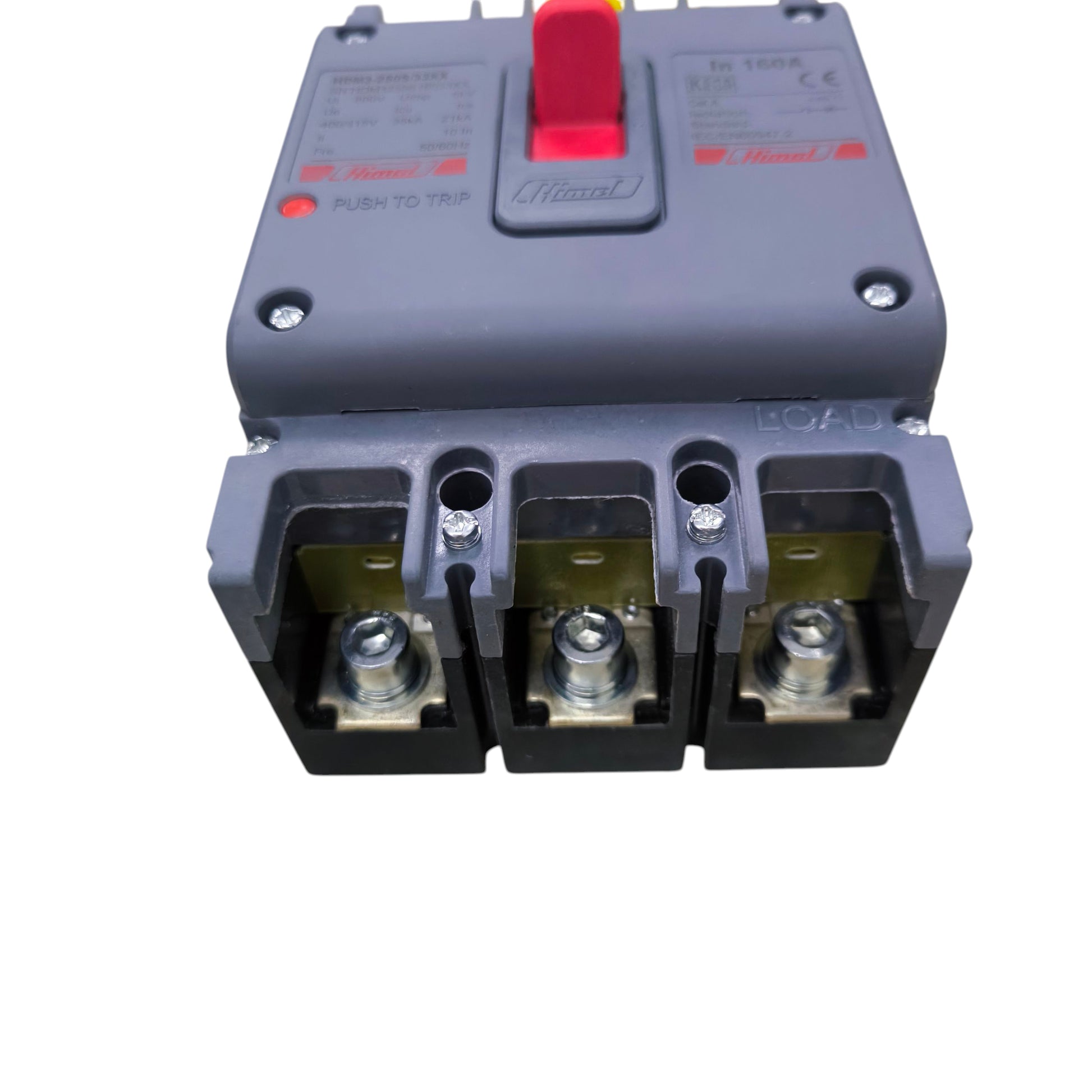 A three-phase industrial circuit breaker with a gray plastic housing, a prominent red emergency stop pull, and three terminal blocks at the bottom, shown on a white background.